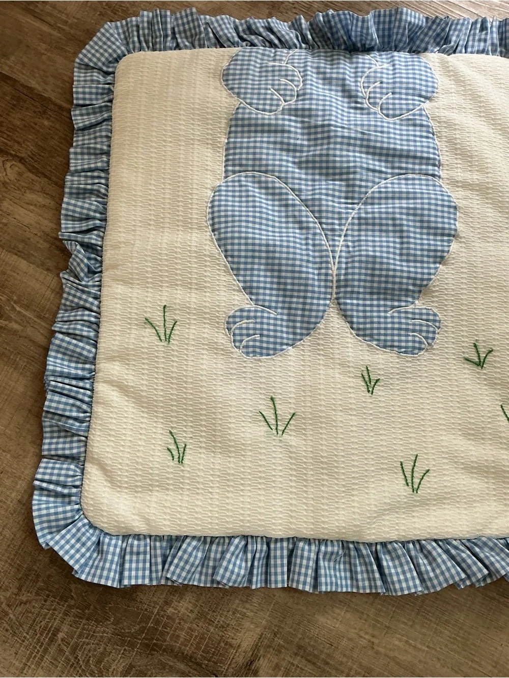 Blue Gingham Bunny Appliqué Baby Quilt adorable handmade 22x24